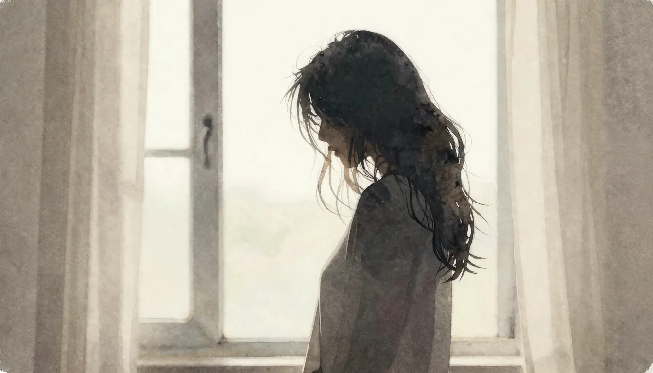 Watercolor style. Silhouette of a woman with messy hair stan...