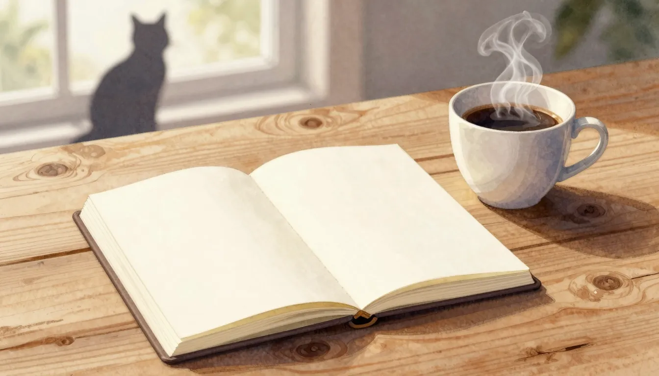 Watercolor style. A blank open notebook on a wooden table ne...