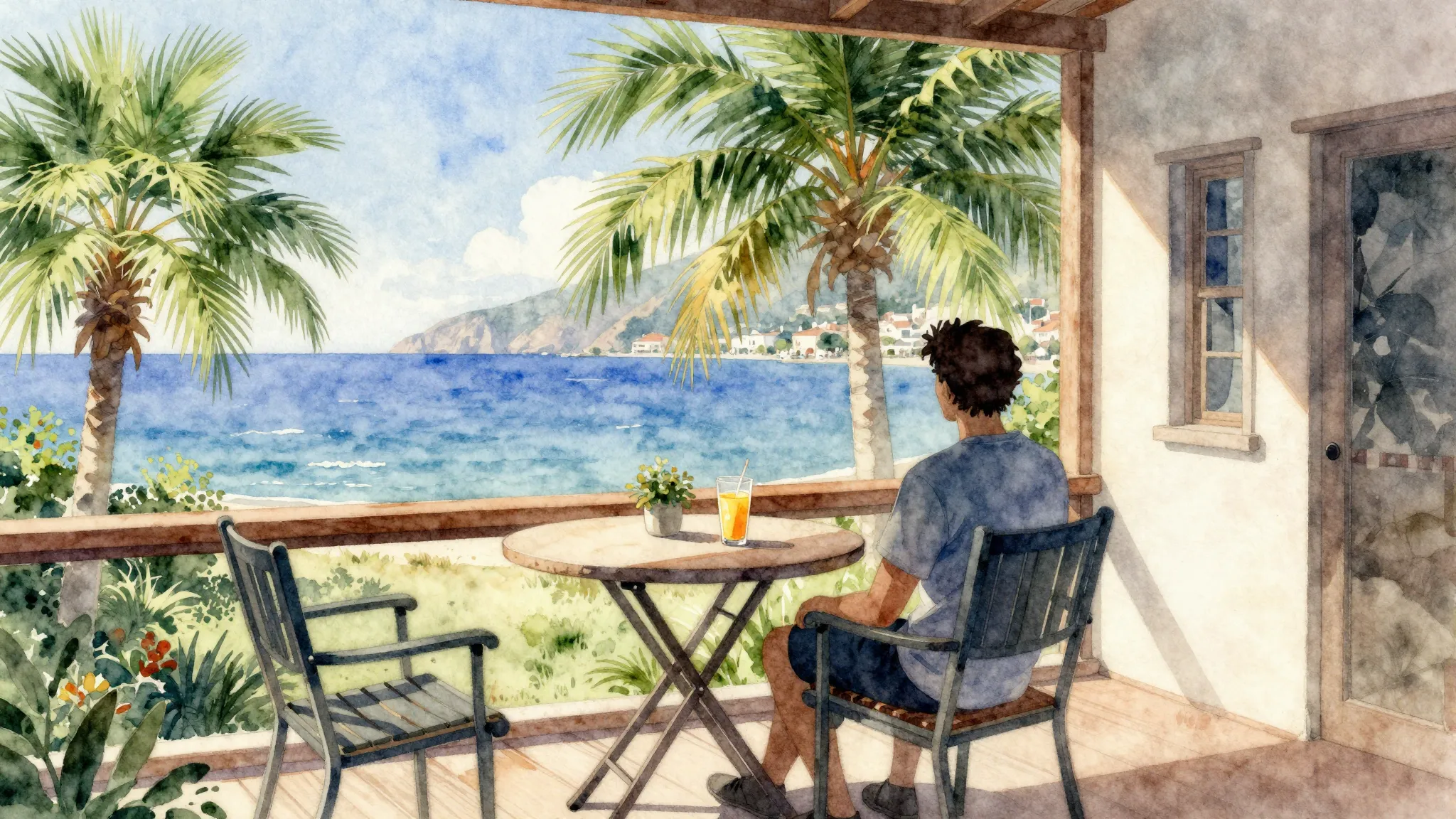 Watercolor style. A cozy terrace of a guest house overlookin...
