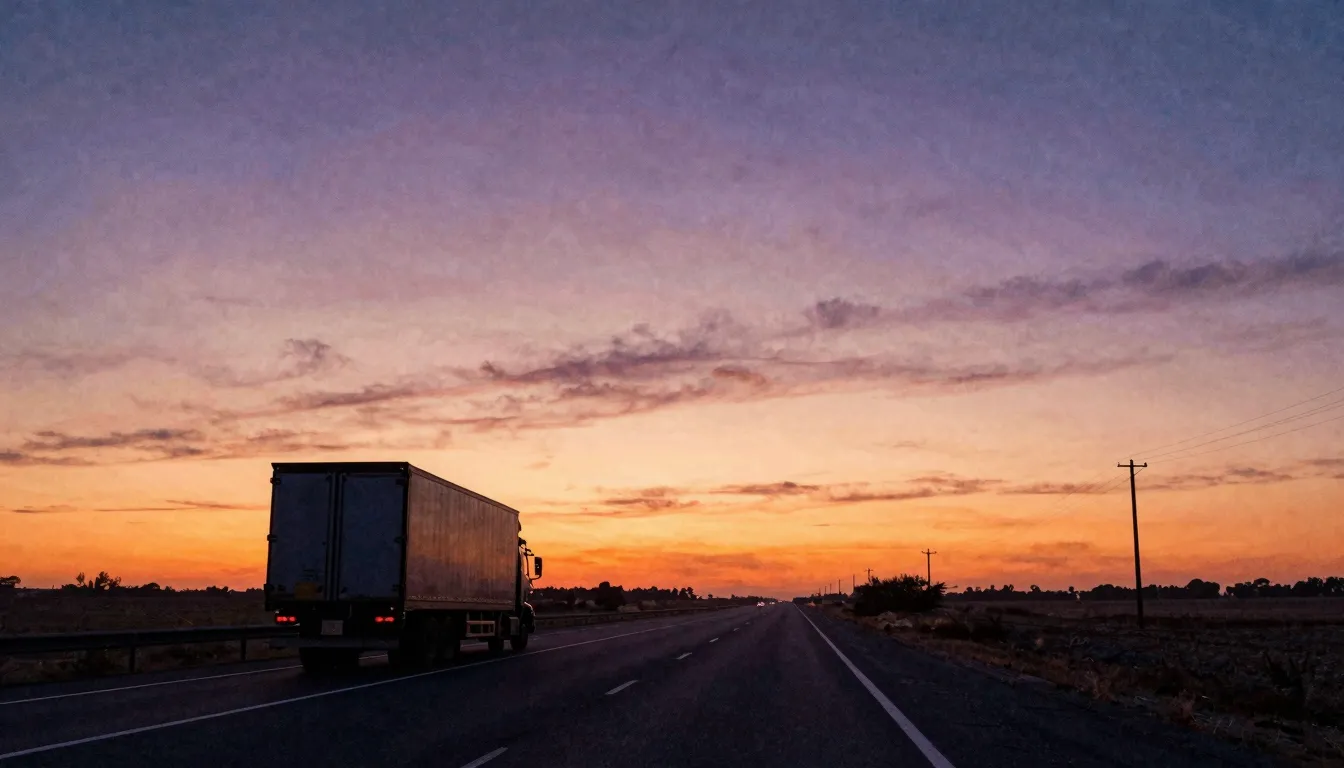 Watercolor style. A lone silhouette of a truck on a long, em...
