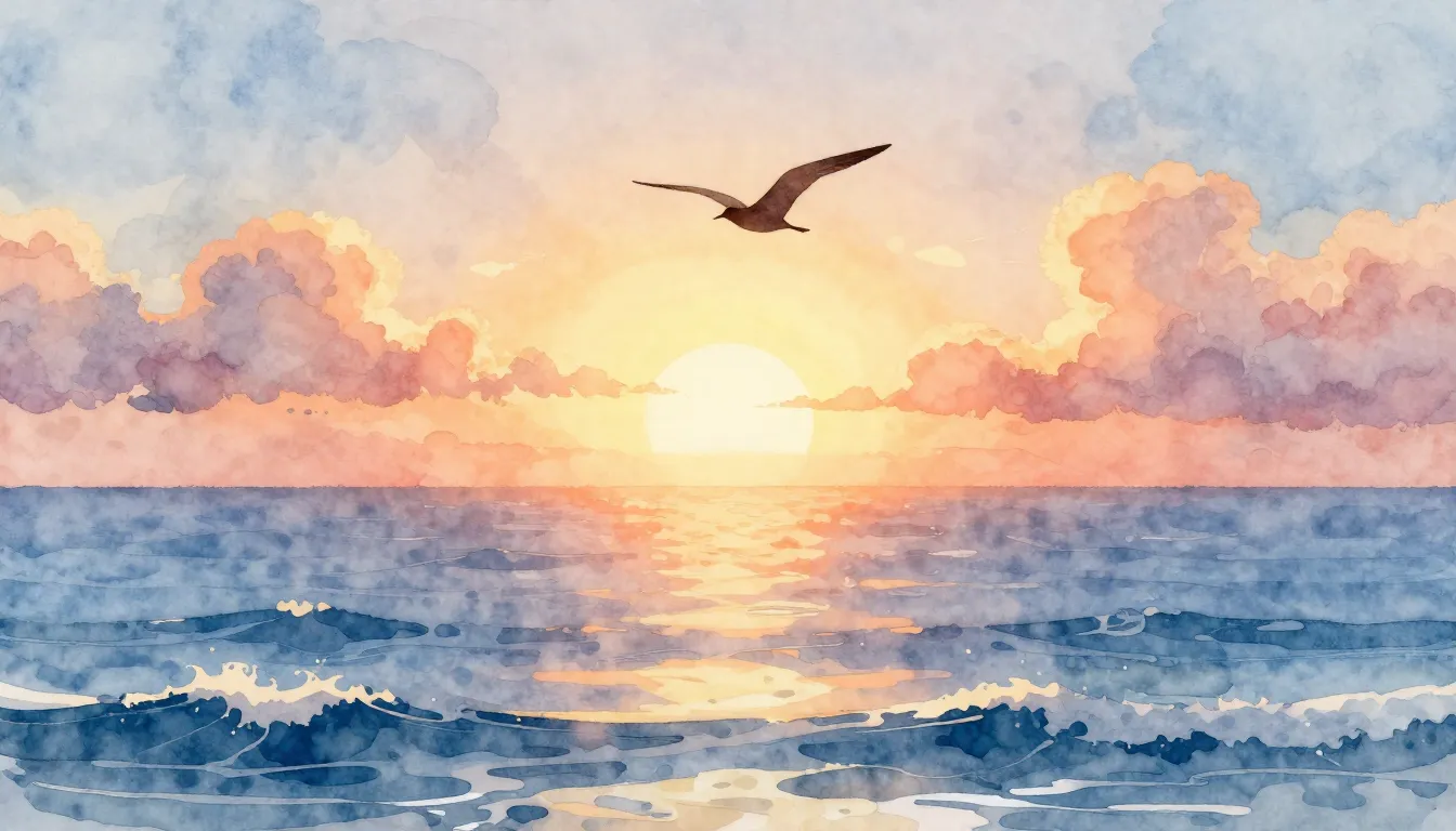 Watercolor style. A bright ocean horizon at sunrise, a silho...