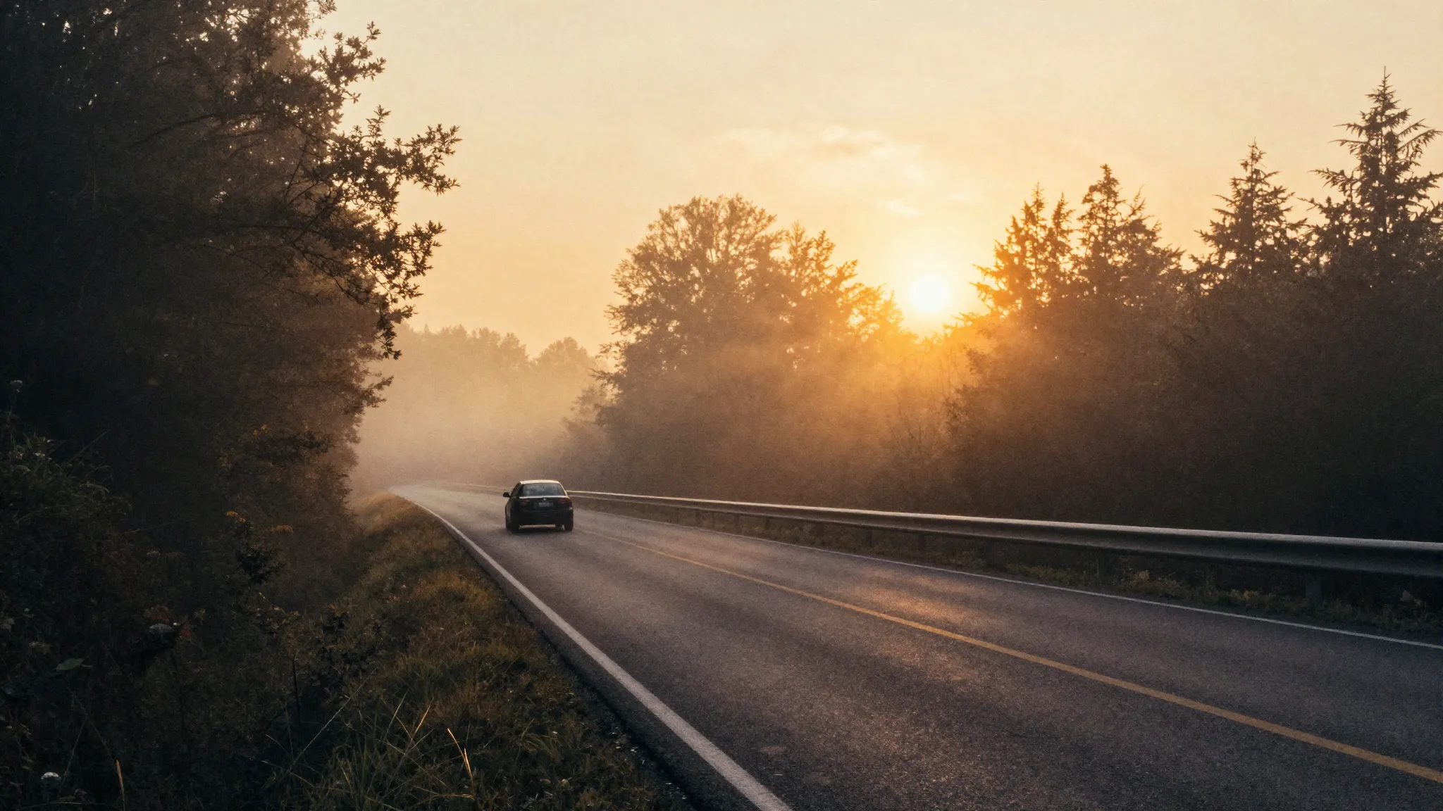 Watercolor style. A scenic winding road through a misty fore...