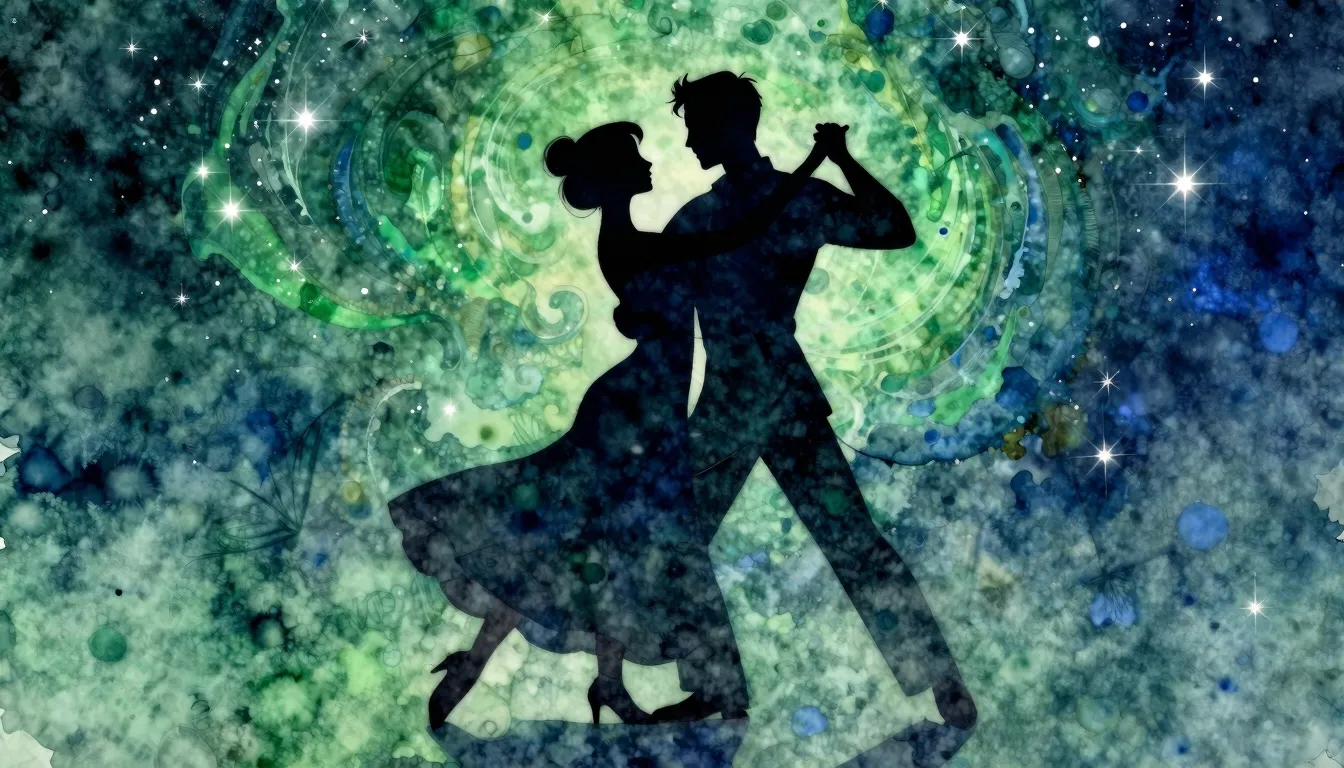 Watercolor style. A silhouette of a couple dancing a waltz u...