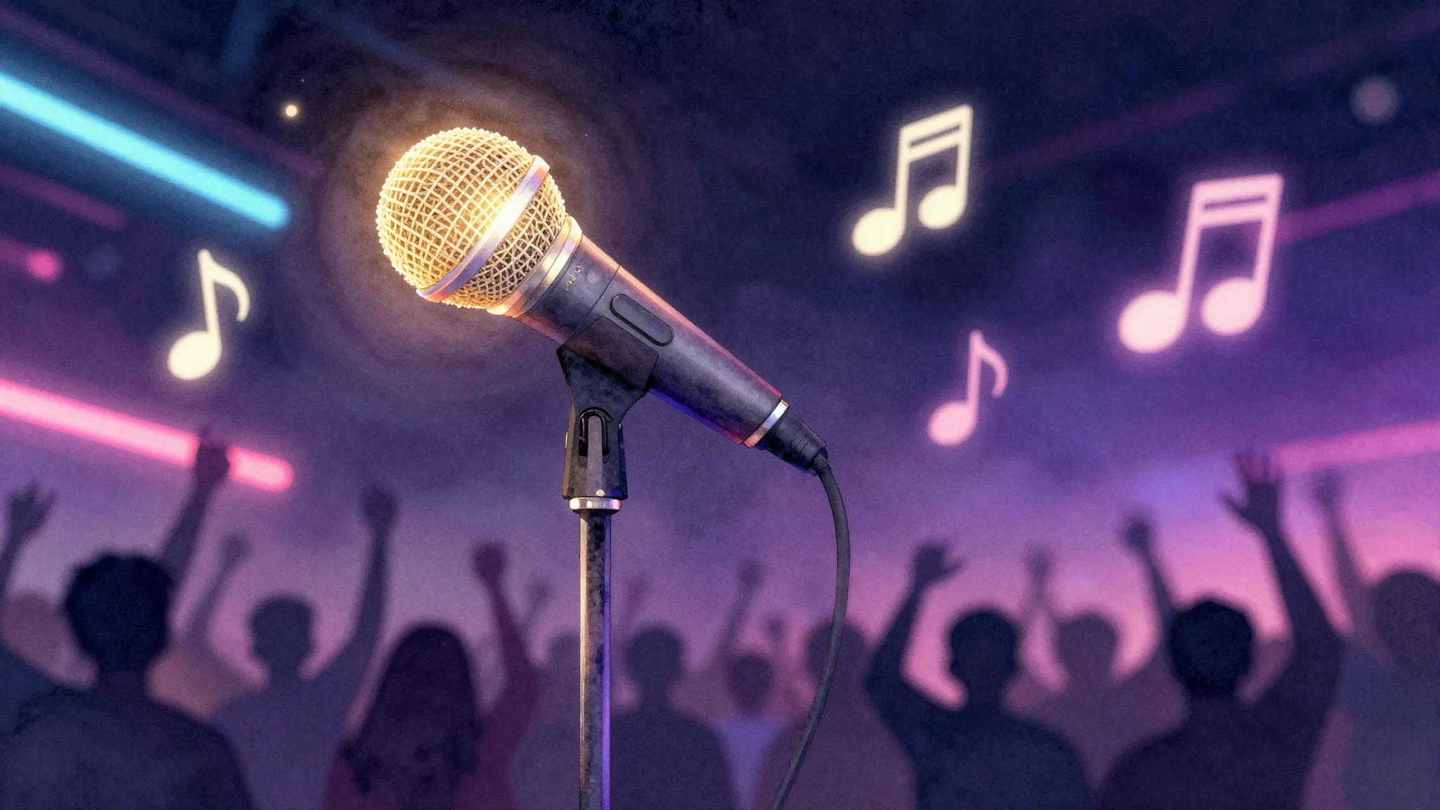 Watercolor style. Glowing microphone on a stand, floating mu...