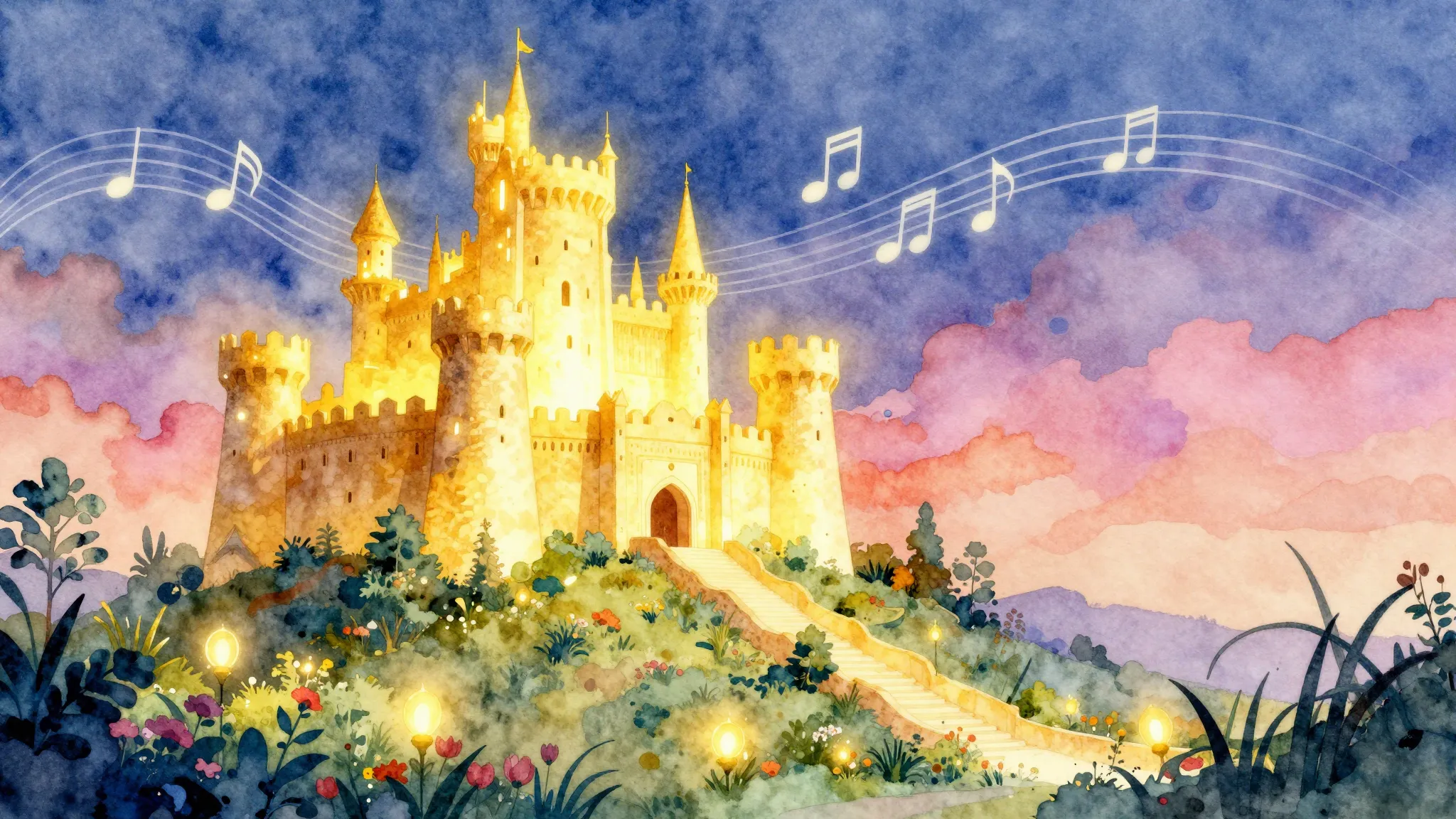 Watercolor style. A glowing golden fortress on a hill, surro...