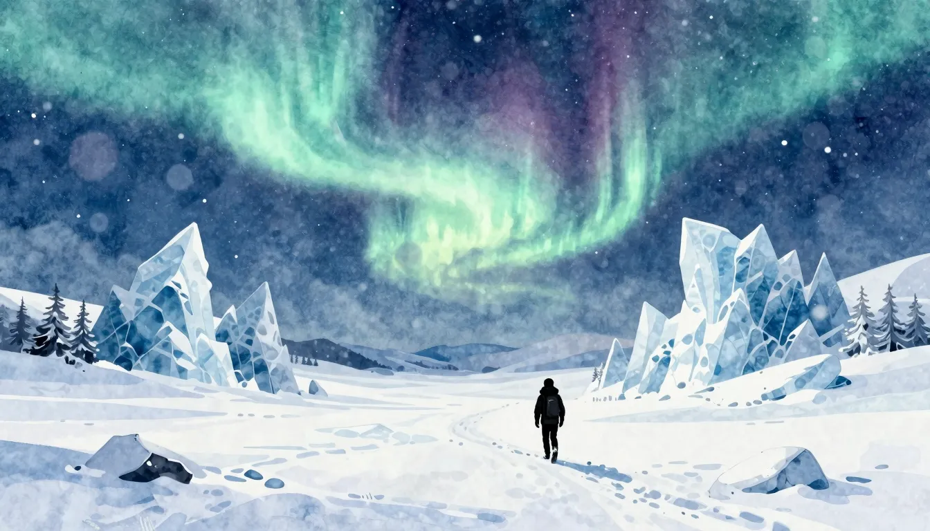 Watercolor style. A vast snowy landscape under a starry nigh...