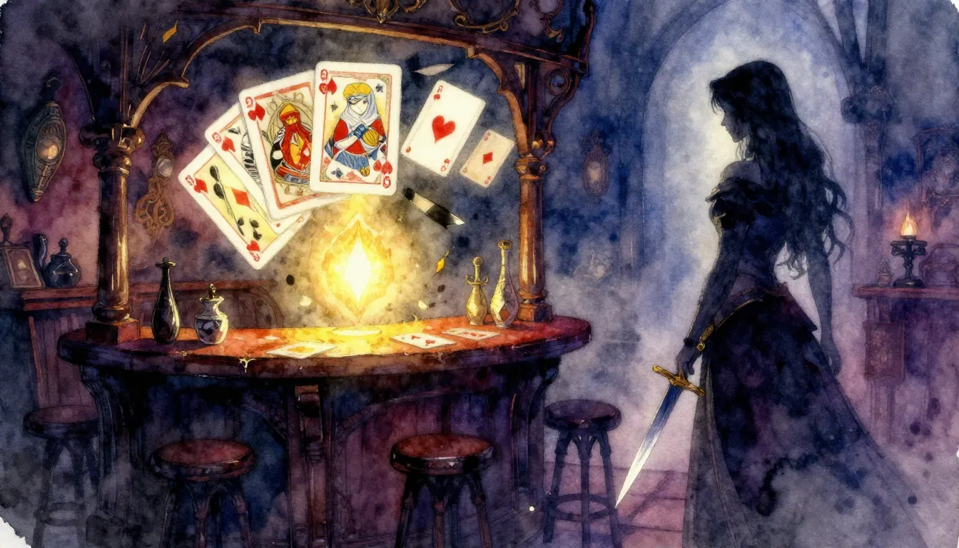 Vibrant watercolor style. Dark fantasy tavern, mysterious gl...