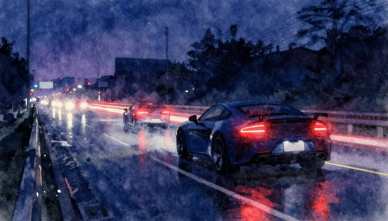 Watercolor style. Night city highway, motion blur of red tai...