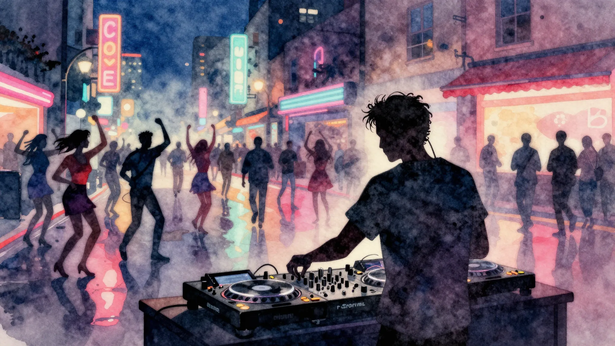 Watercolor style. A dynamic, abstract scene of a city street...