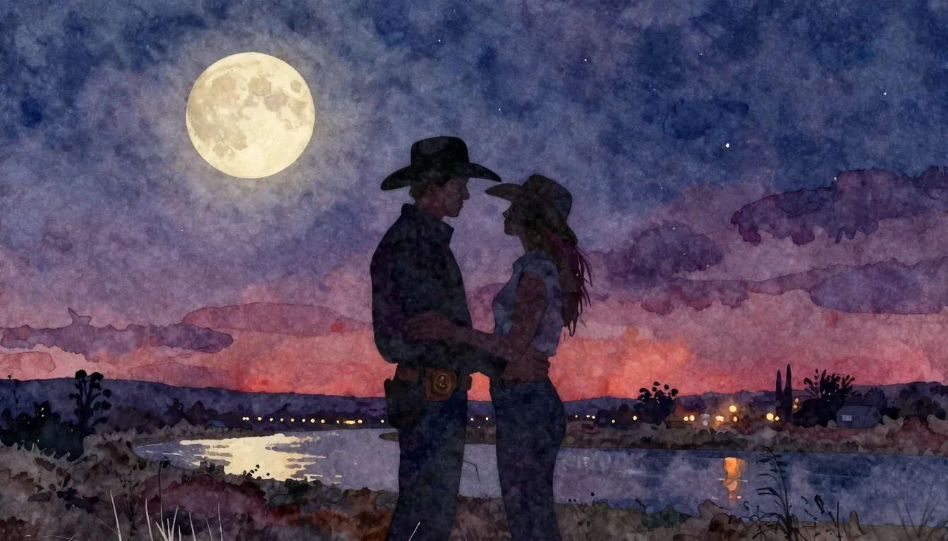 Vibrant watercolor style. Country western album cover: two s...