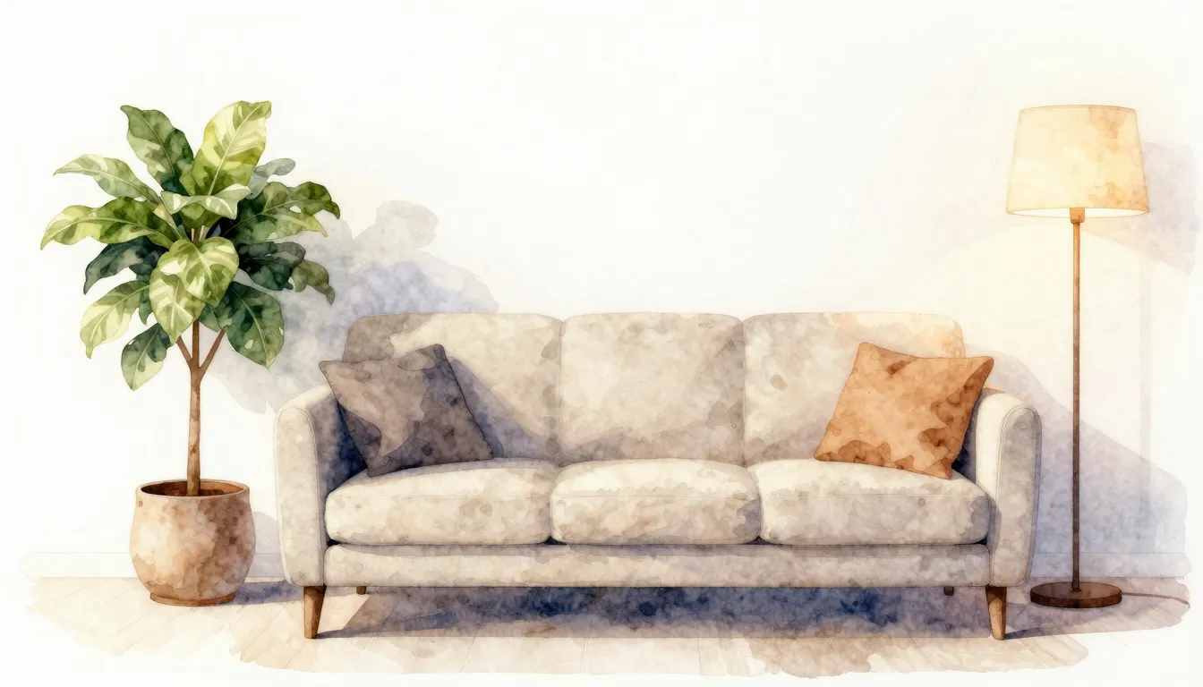 Watercolor style. Cozy modern living room with a soft sofa, ...