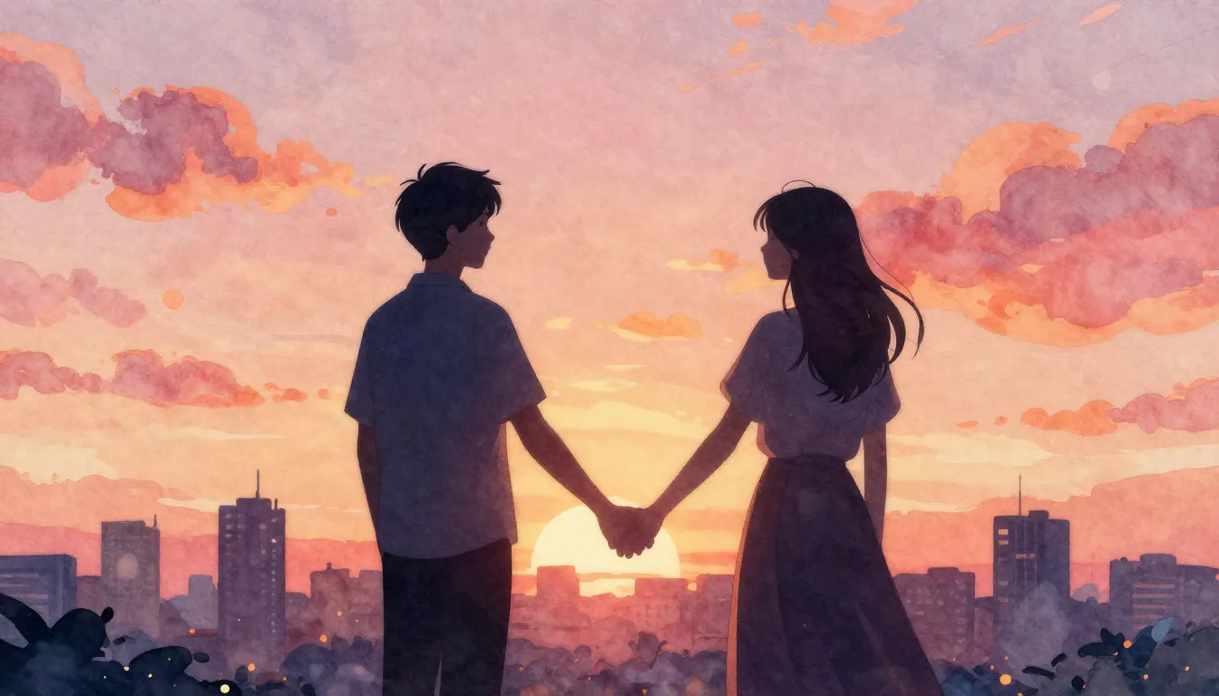 Watercolor style. Two silhouettes holding hands against a vi...