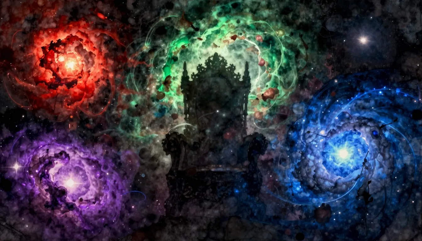 Watercolor style. A dark, cosmic scene with four distinct ne...