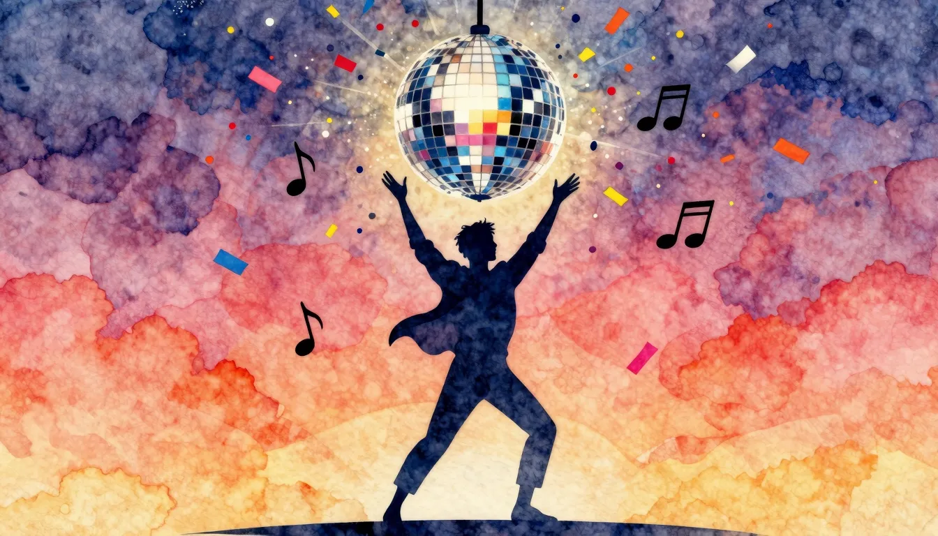 Watercolor style. A silhouette of a man joyfully dancing und...