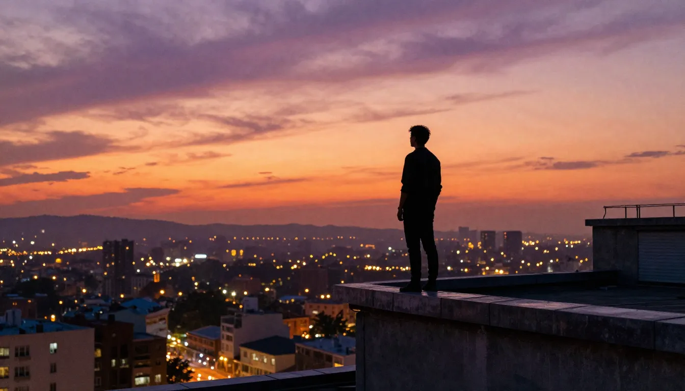 Watercolor style. A silhouette of a person standing on a hig...