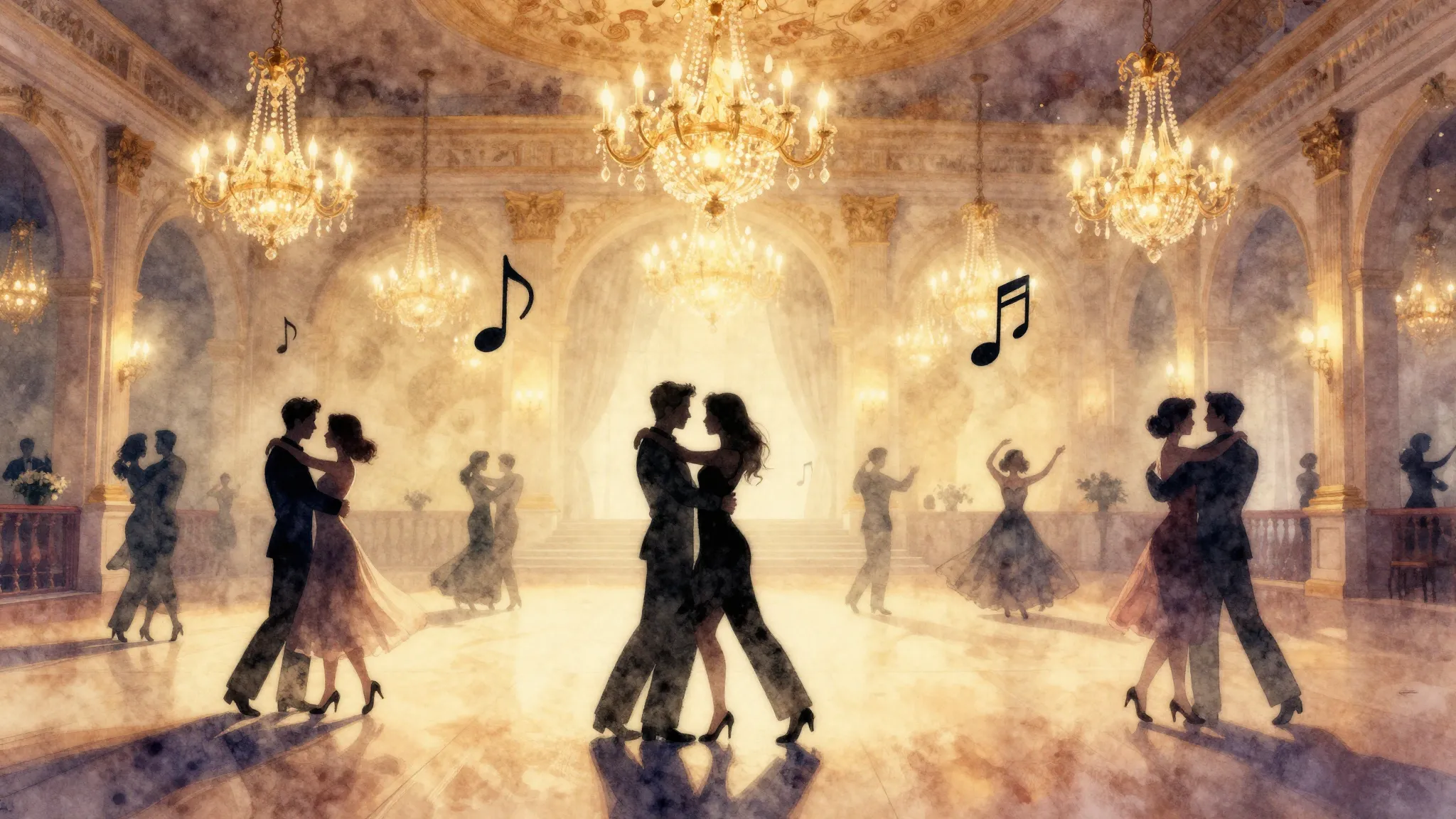 Watercolor style. Silhouettes of couples dancing in a grand ...