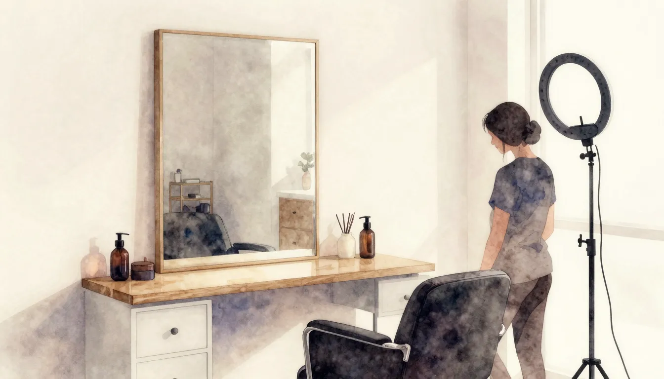 Watercolor style. Cozy beauty salon interior, minimalist wor...