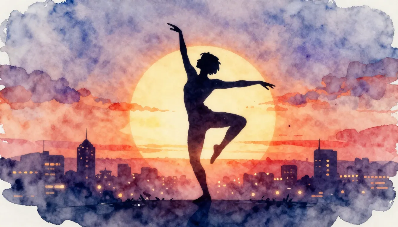 Watercolor style. Silhouette of a dynamic figure dancing aga...