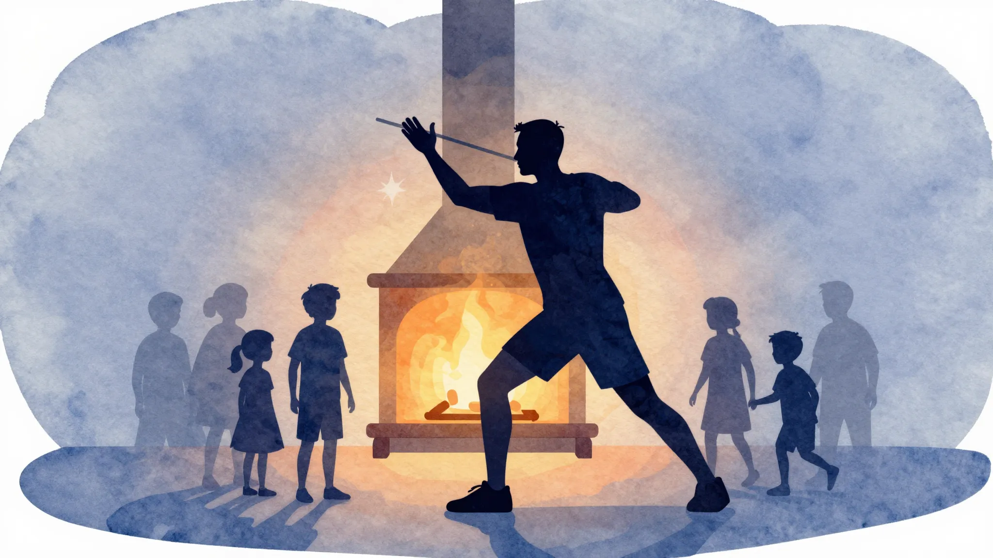 Watercolor style. A dark silhouette of a man working and pla...