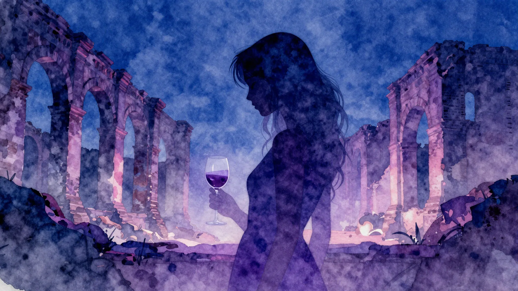 Vibrant watercolor style. Synthwave album cover: melancholic...