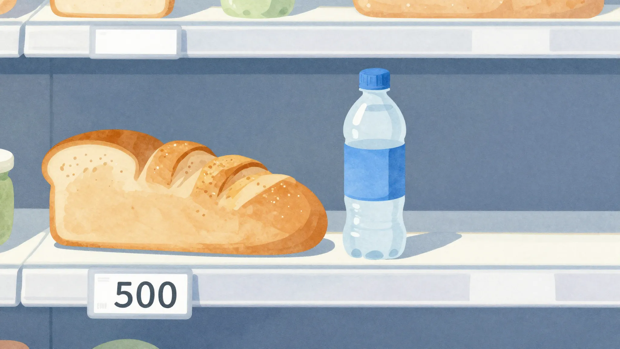 Watercolor style. A minimalist grocery shelf with a loaf of ...