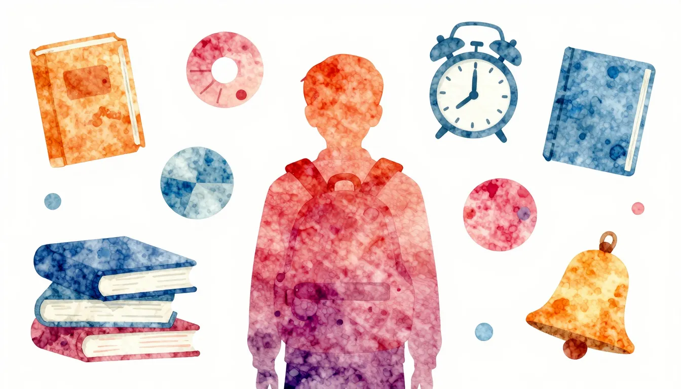 Vibrant watercolor style. School-themed album cover, minimal...
