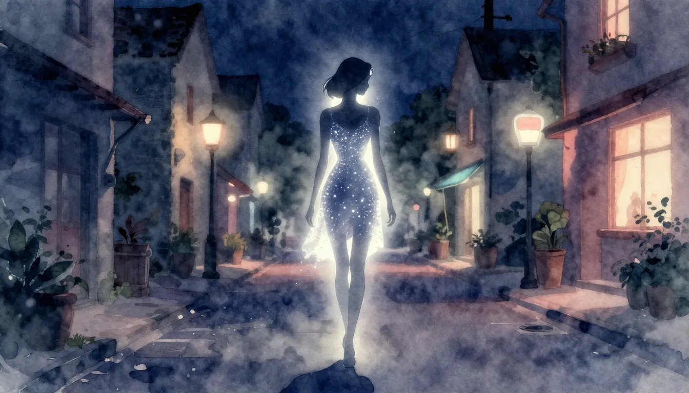 Watercolor style. A glowing silhouette of a slender woman in...