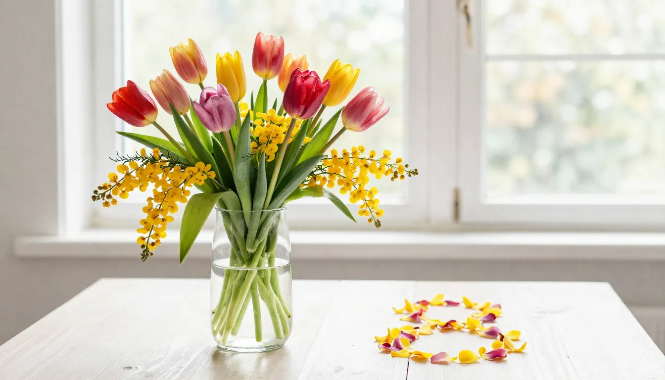 Watercolor style. A vibrant bouquet of spring tulips and mim...