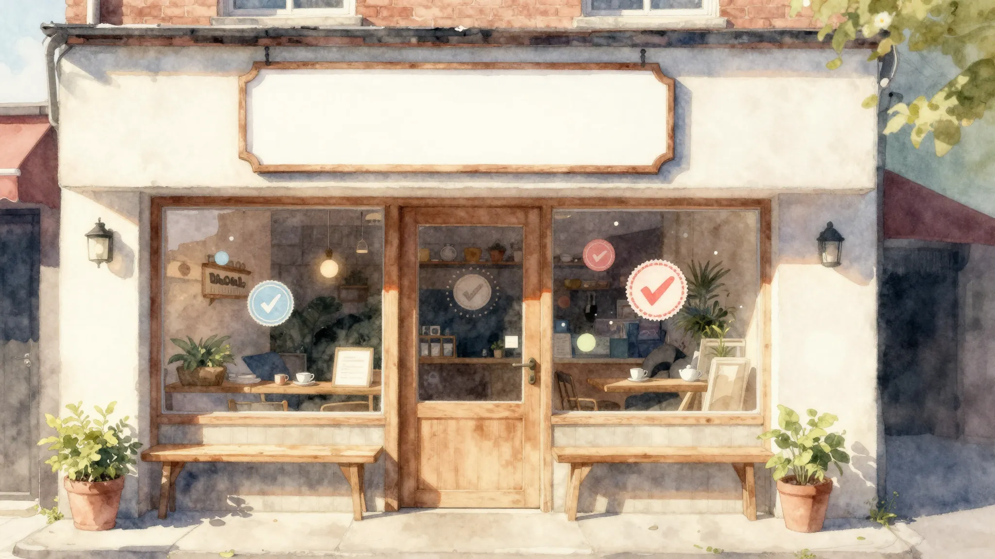 Watercolor style. A cozy street view with a cute cafe storef...