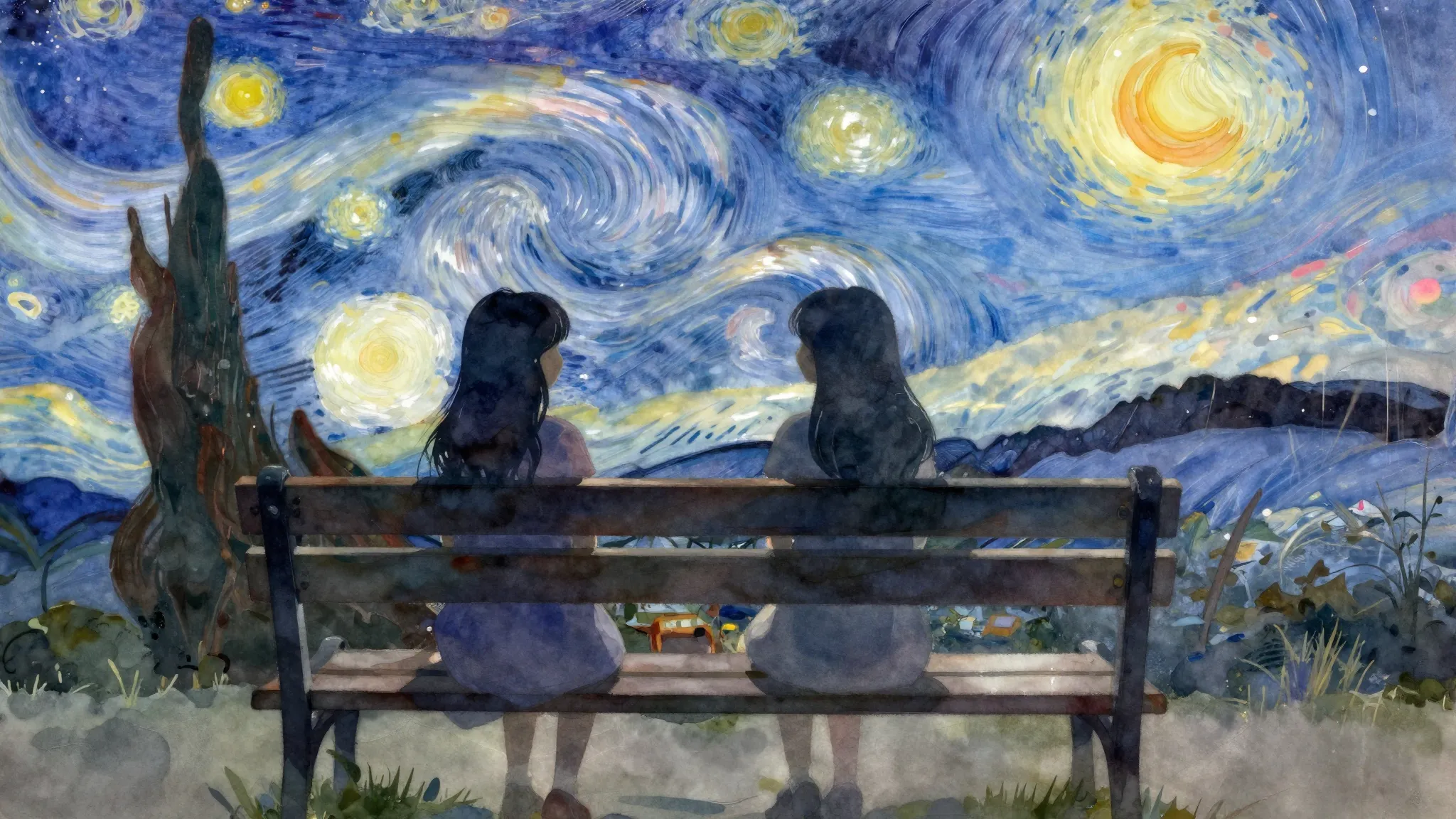 Watercolor style. Two abstract silhouettes of girls sitting ...