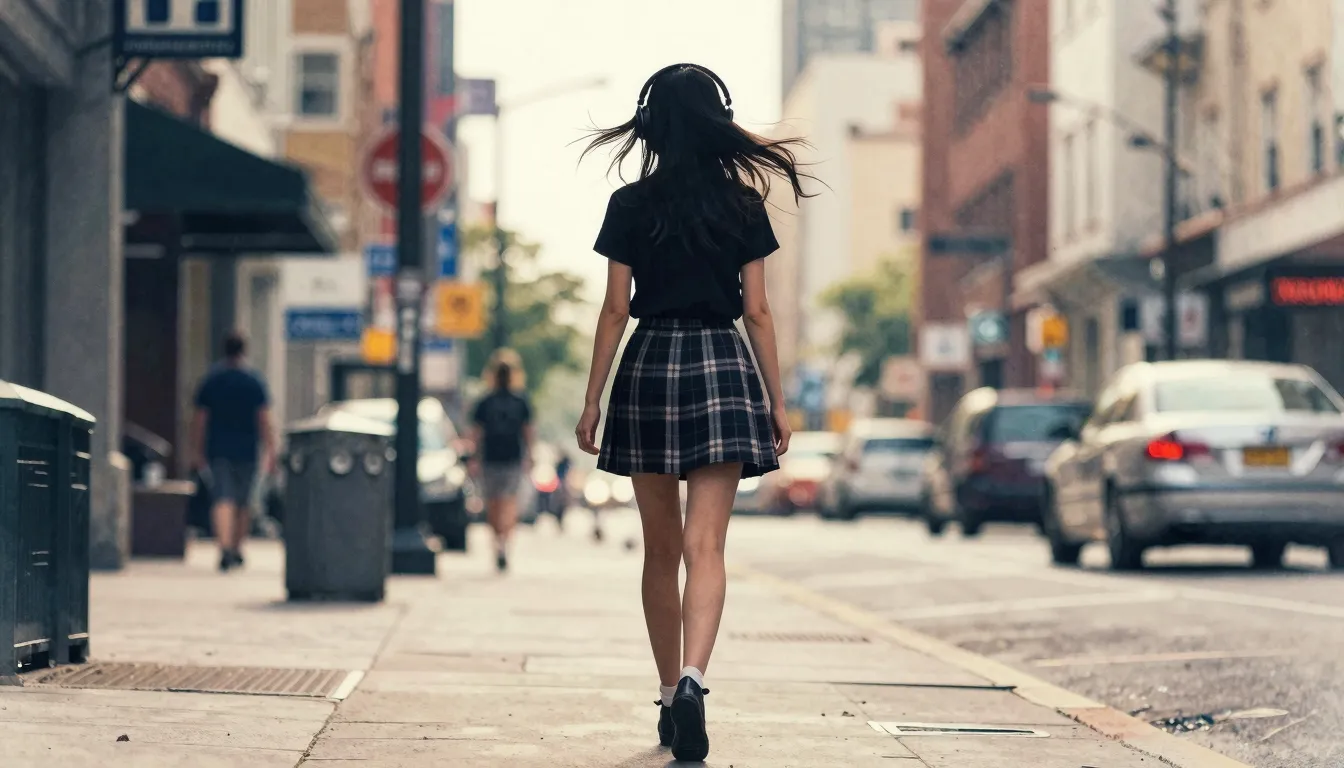 Watercolor style. A silhouette of a girl walking down a city...