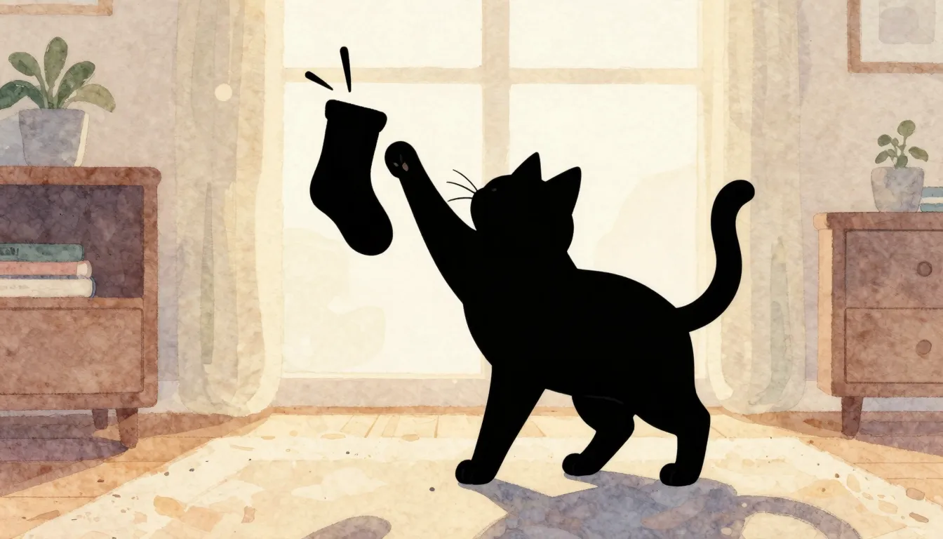 Watercolor style. Silhouette of a cat playing with a single ...