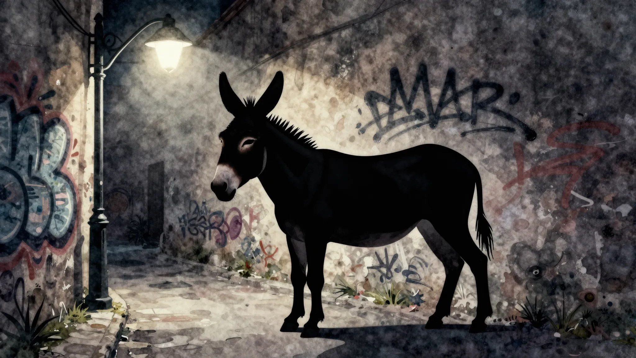 Watercolor style. A silhouette of a donkey standing in a dar...