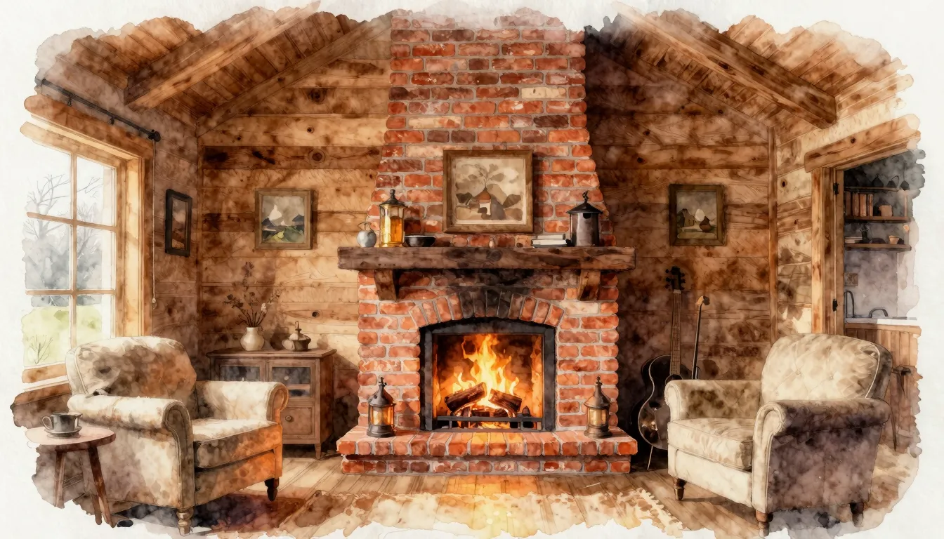 Watercolor style. Cozy interior of a wooden house with a bea...