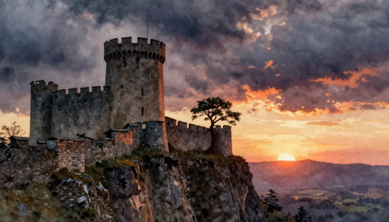 Watercolor style. Ancient stone castle on a cliff edge at su...