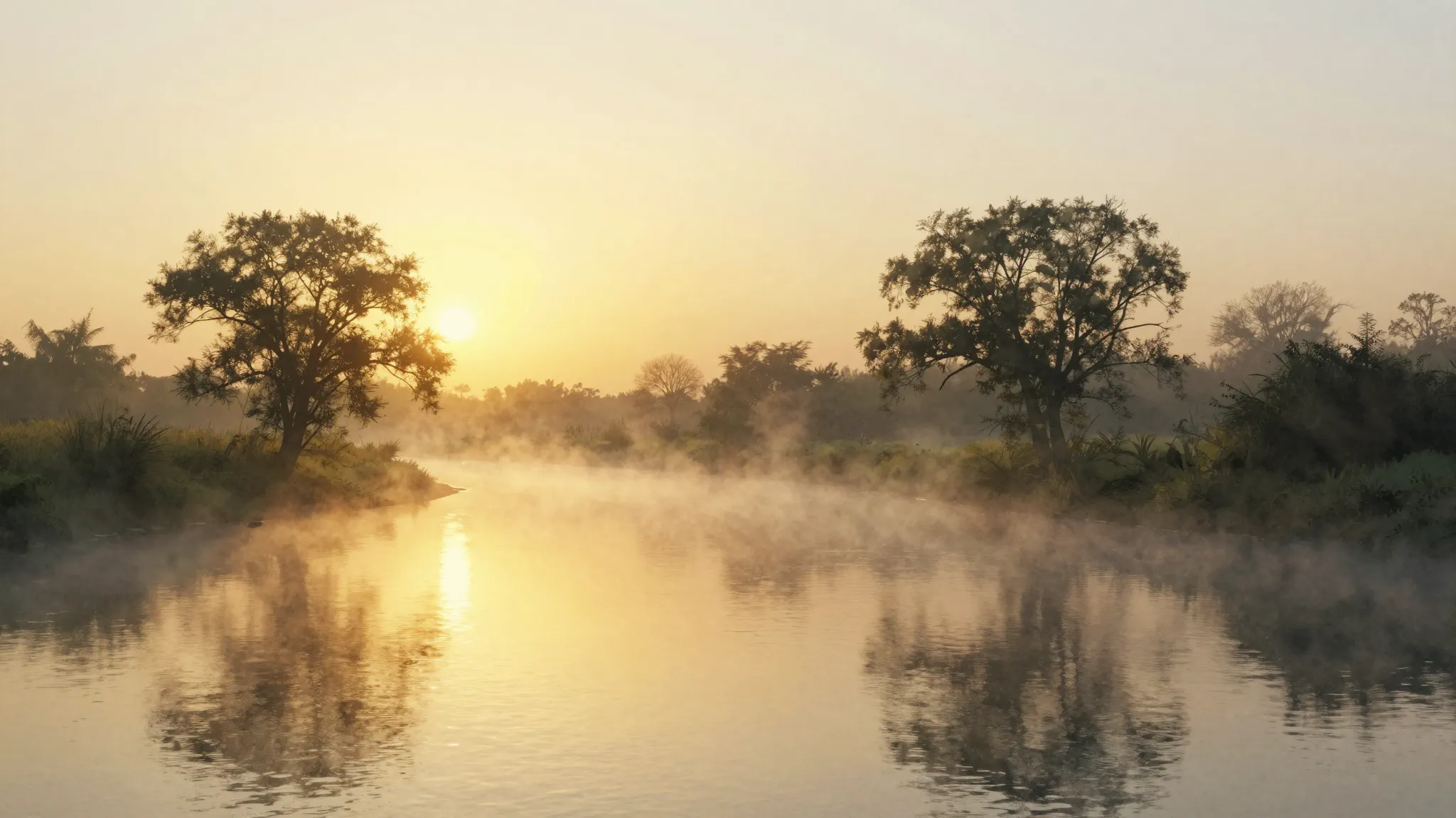 Watercolor style. Golden sunrise over a calm river, silhouet...