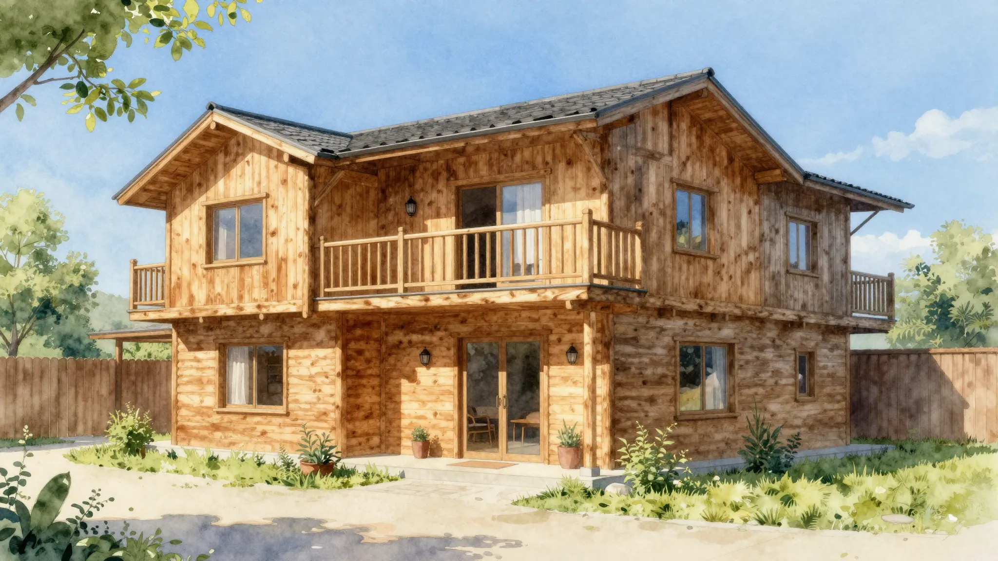 Watercolor style. Beautiful wooden mini-hotel building, two ...