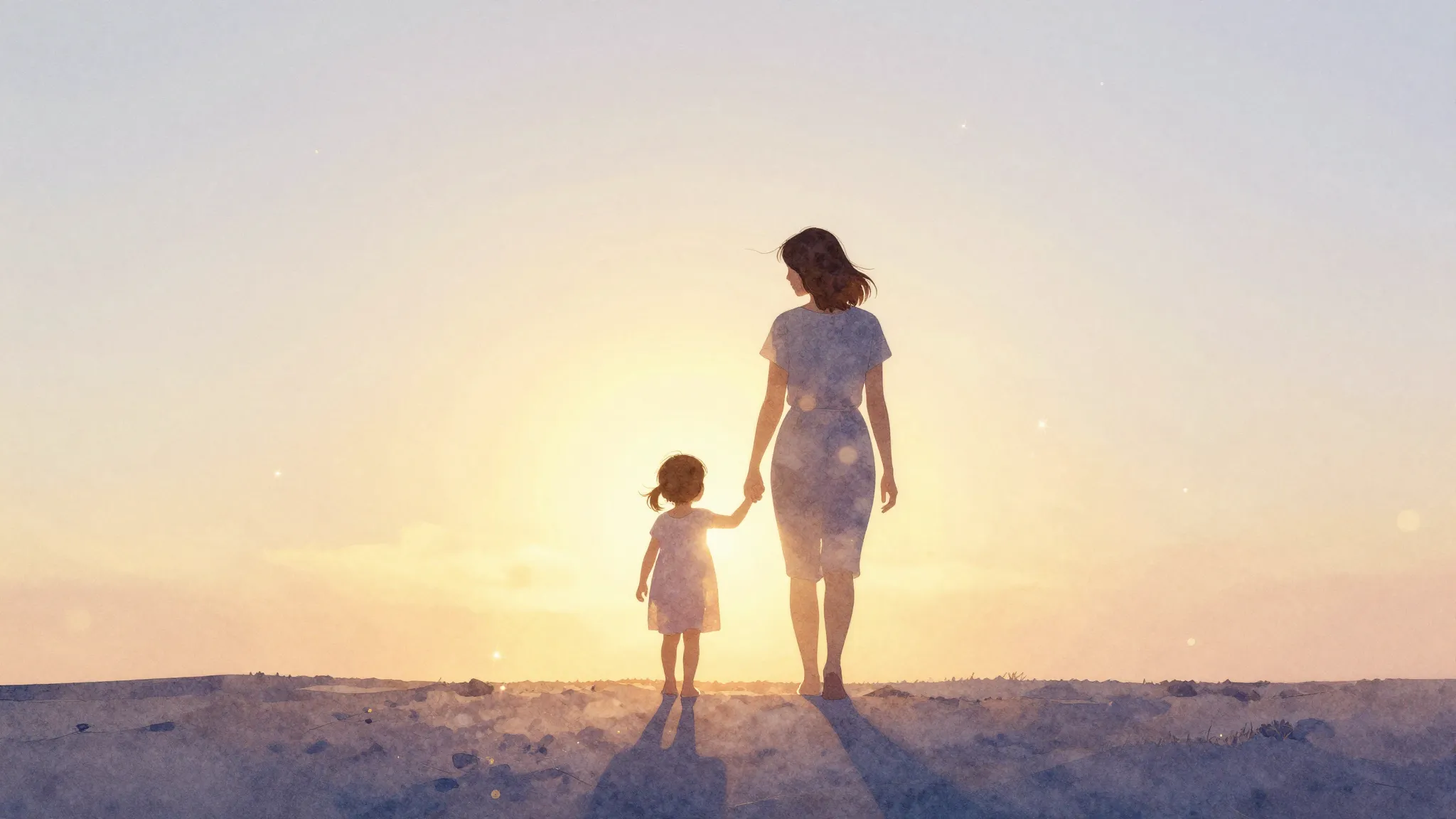 Watercolor style. A silhouette of a mother and daughter walk...