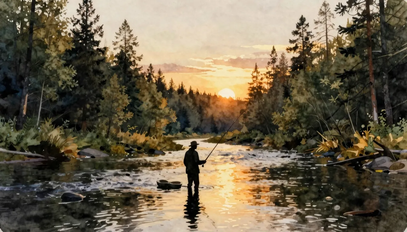 Watercolor style. A silhouette of a fisherman standing in a ...