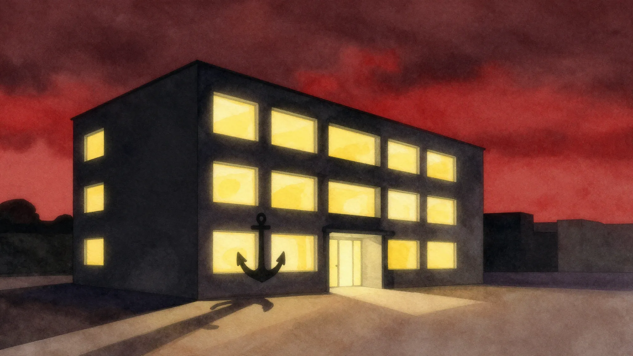 Watercolor style. A stark, constructivist-style five-story b...
