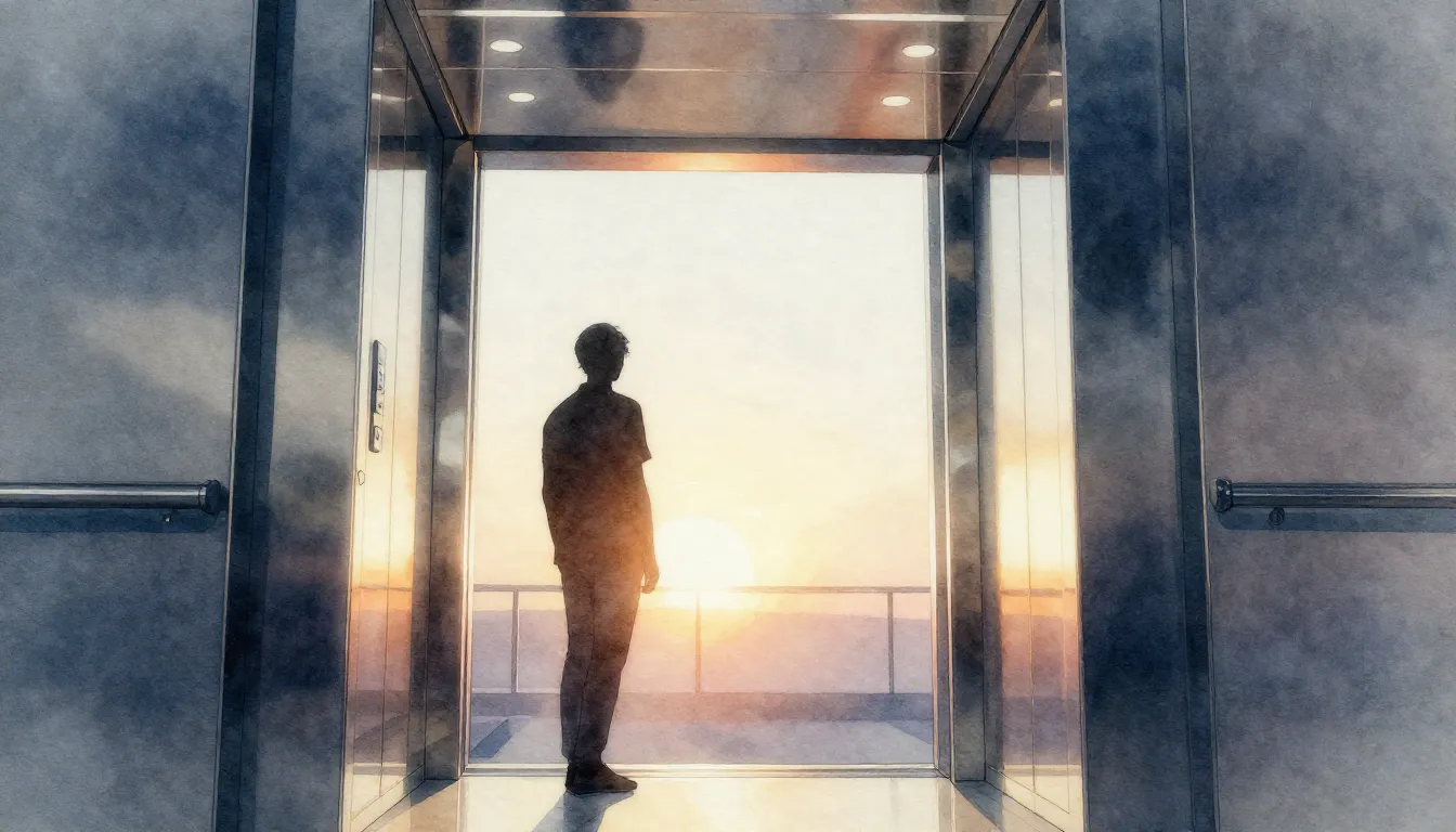 Watercolor style. Modern elevator shaft silhouette against a...