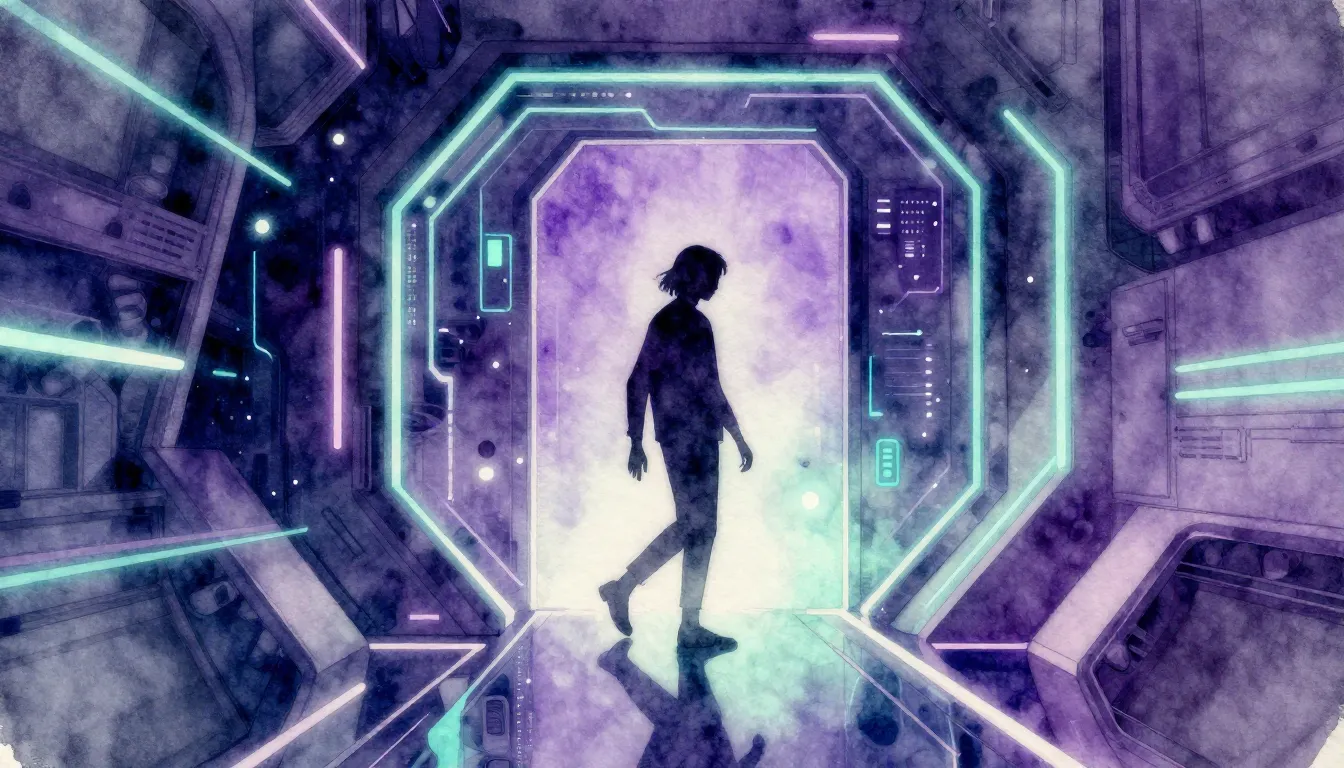 Watercolor style. A futuristic digital portal with neon geom...