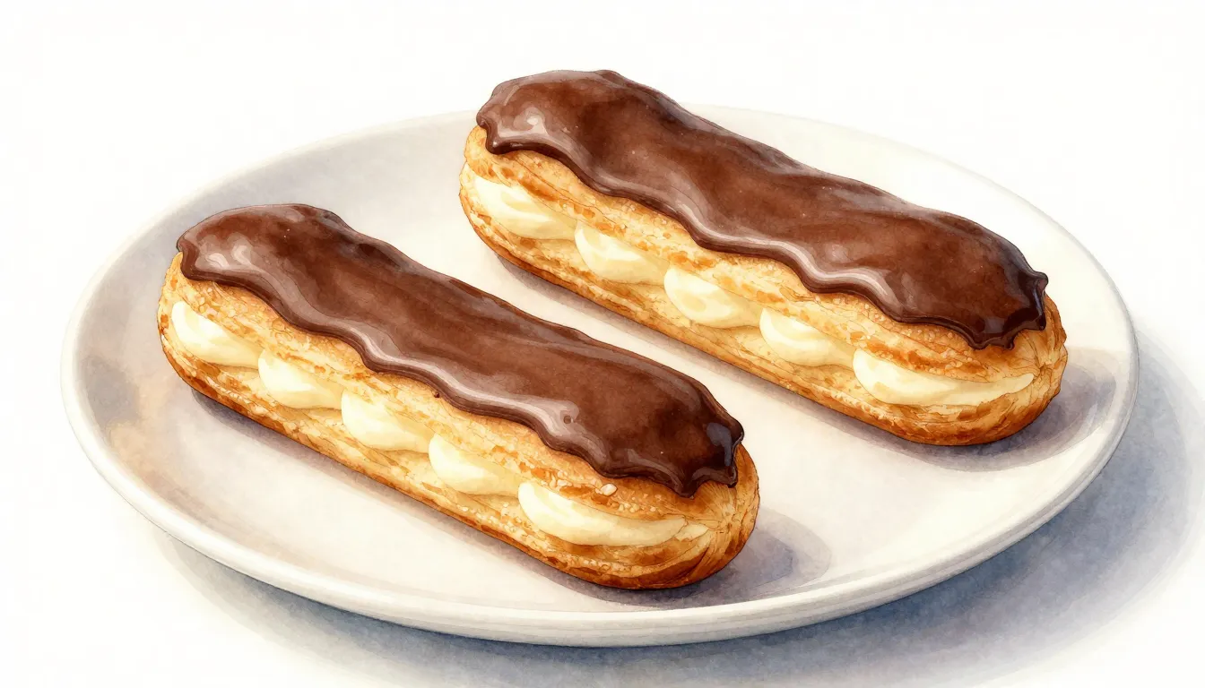 Watercolor style. A plate of elegant French eclairs with cho...