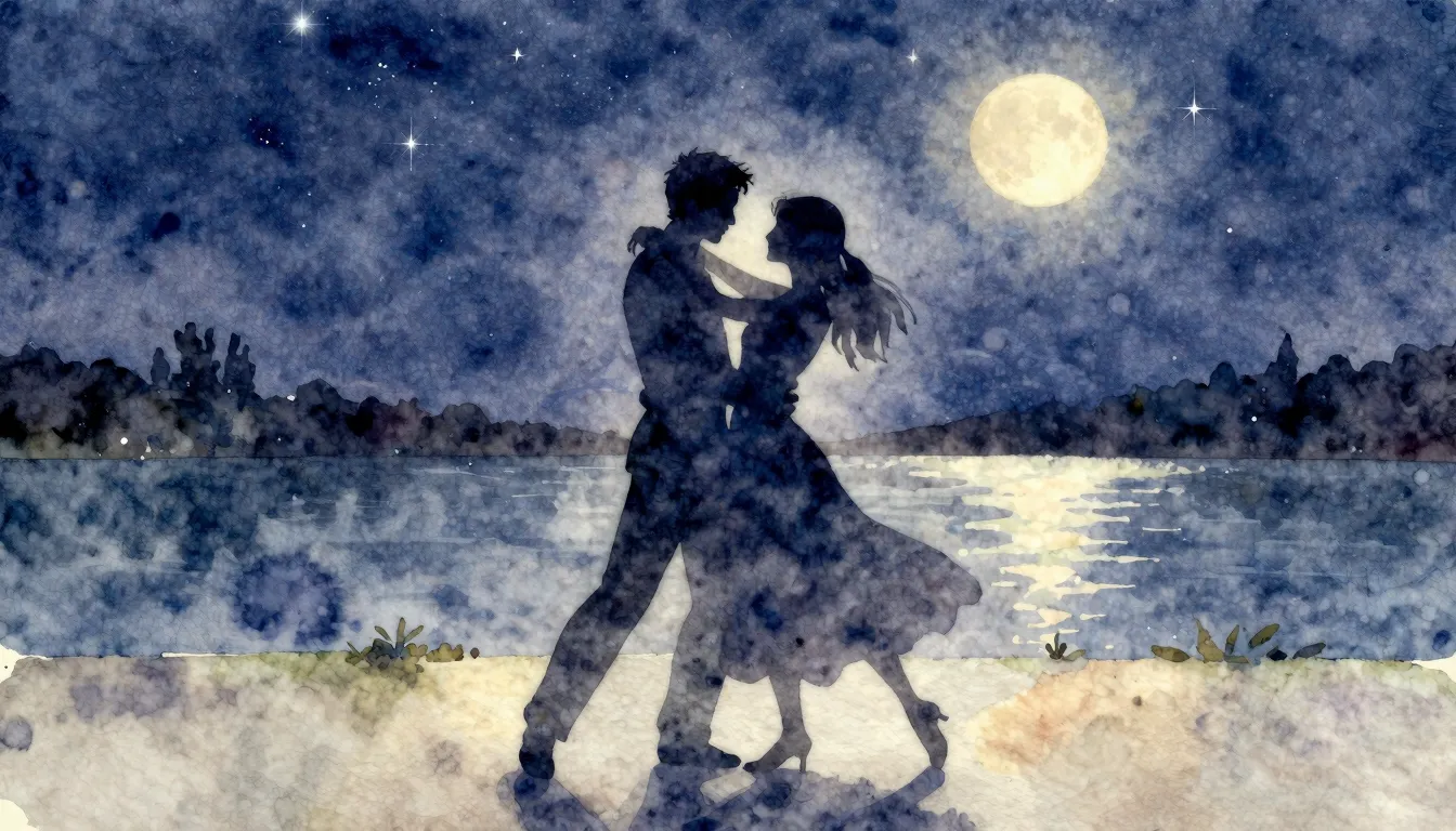 Watercolor style. A silhouette of a couple dancing under a s...