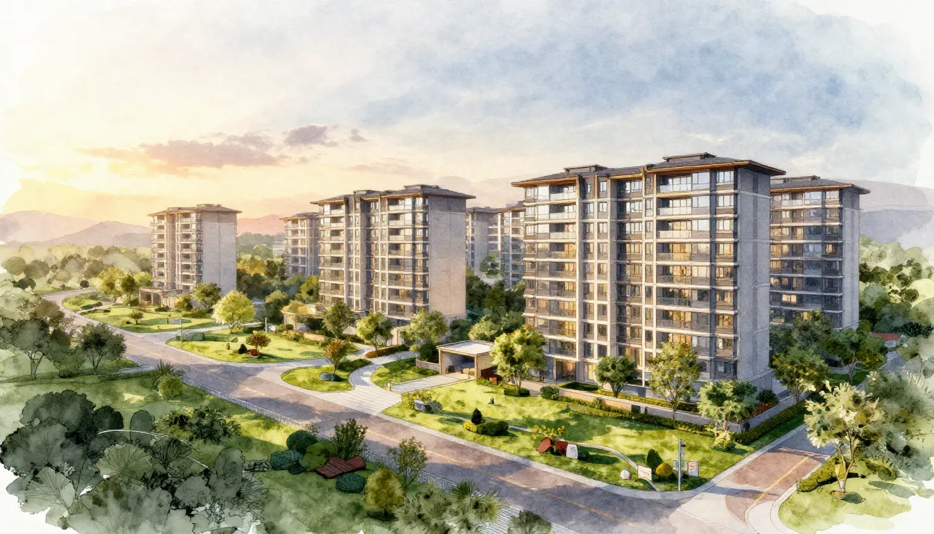 Watercolor style. Modern residential complex with green park...