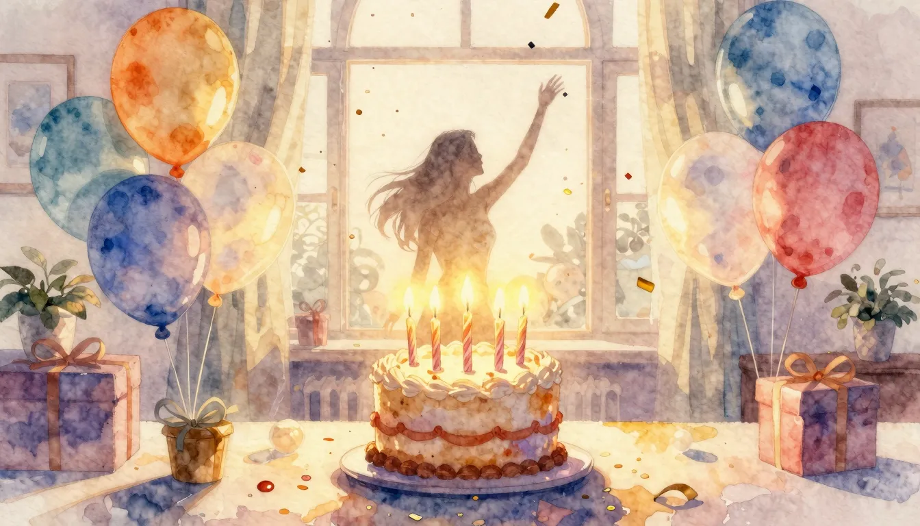 Watercolor style. A bright festive room with balloons and a ...