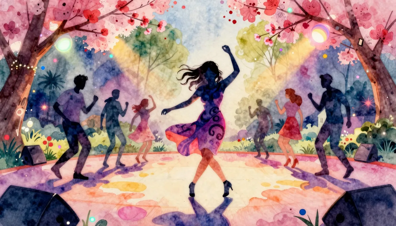 Watercolor style. A vibrant dance floor in a spring park, bl...