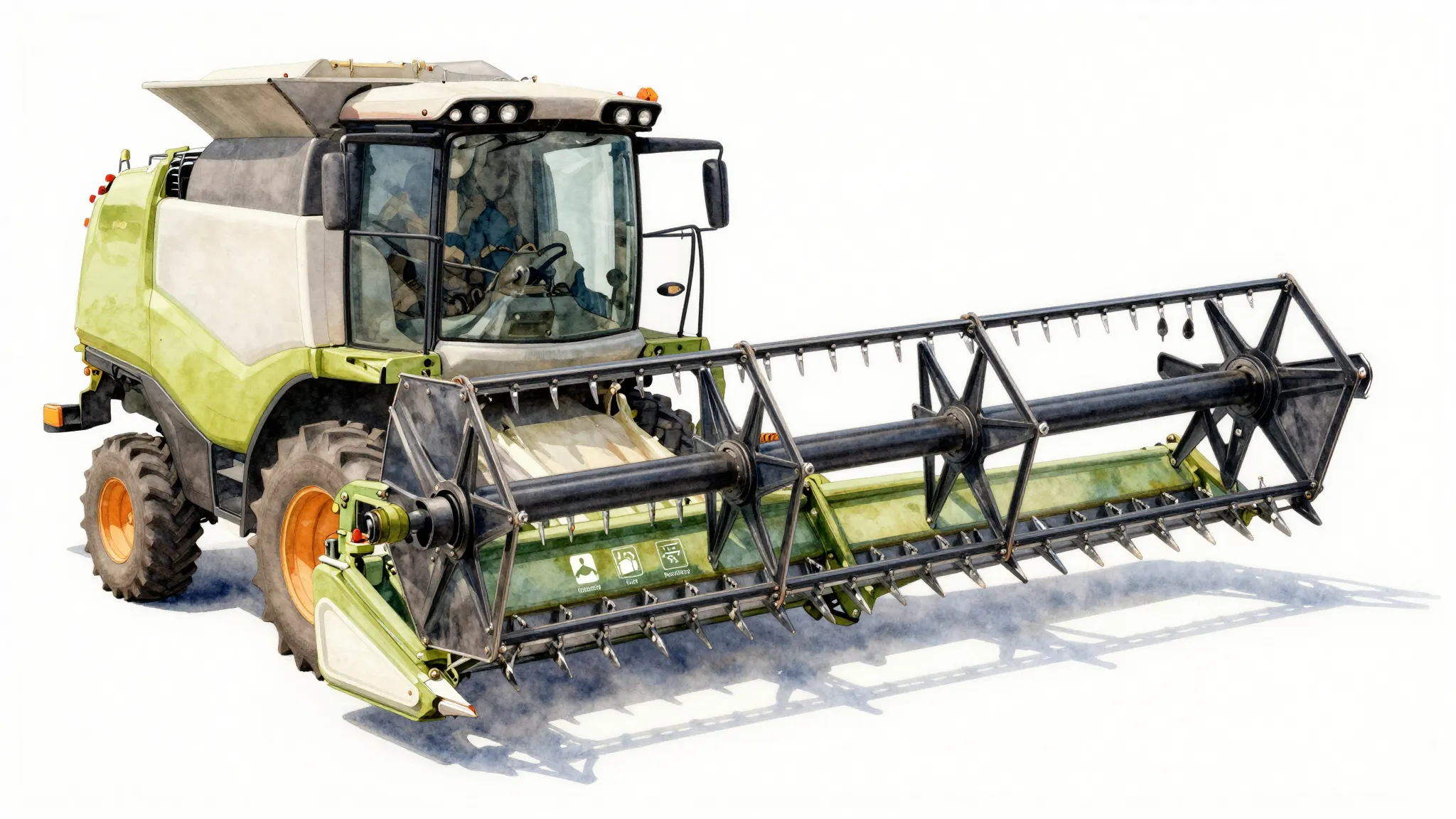 Watercolor style. A sleek, elegant combine harvester sickle ...