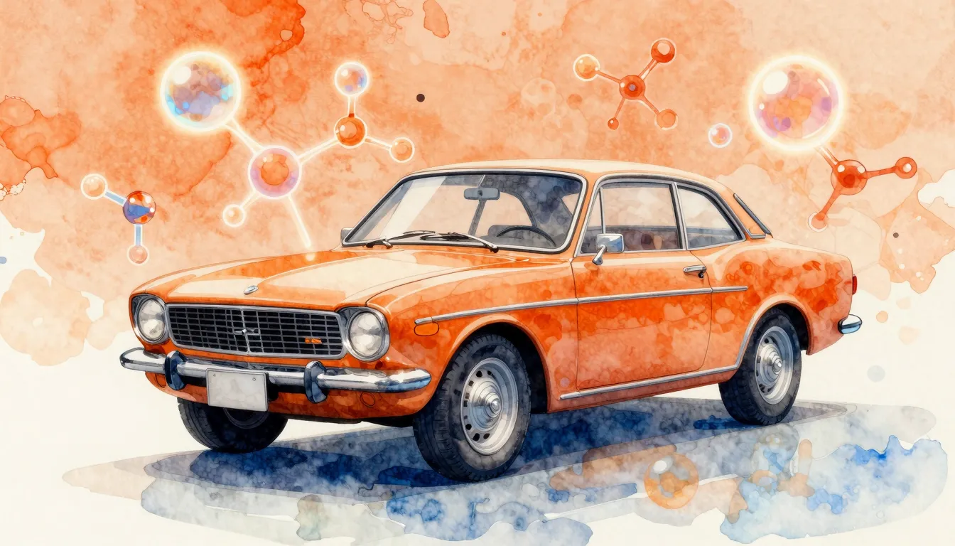 Watercolor style. Stylized classic car model surrounded by f...