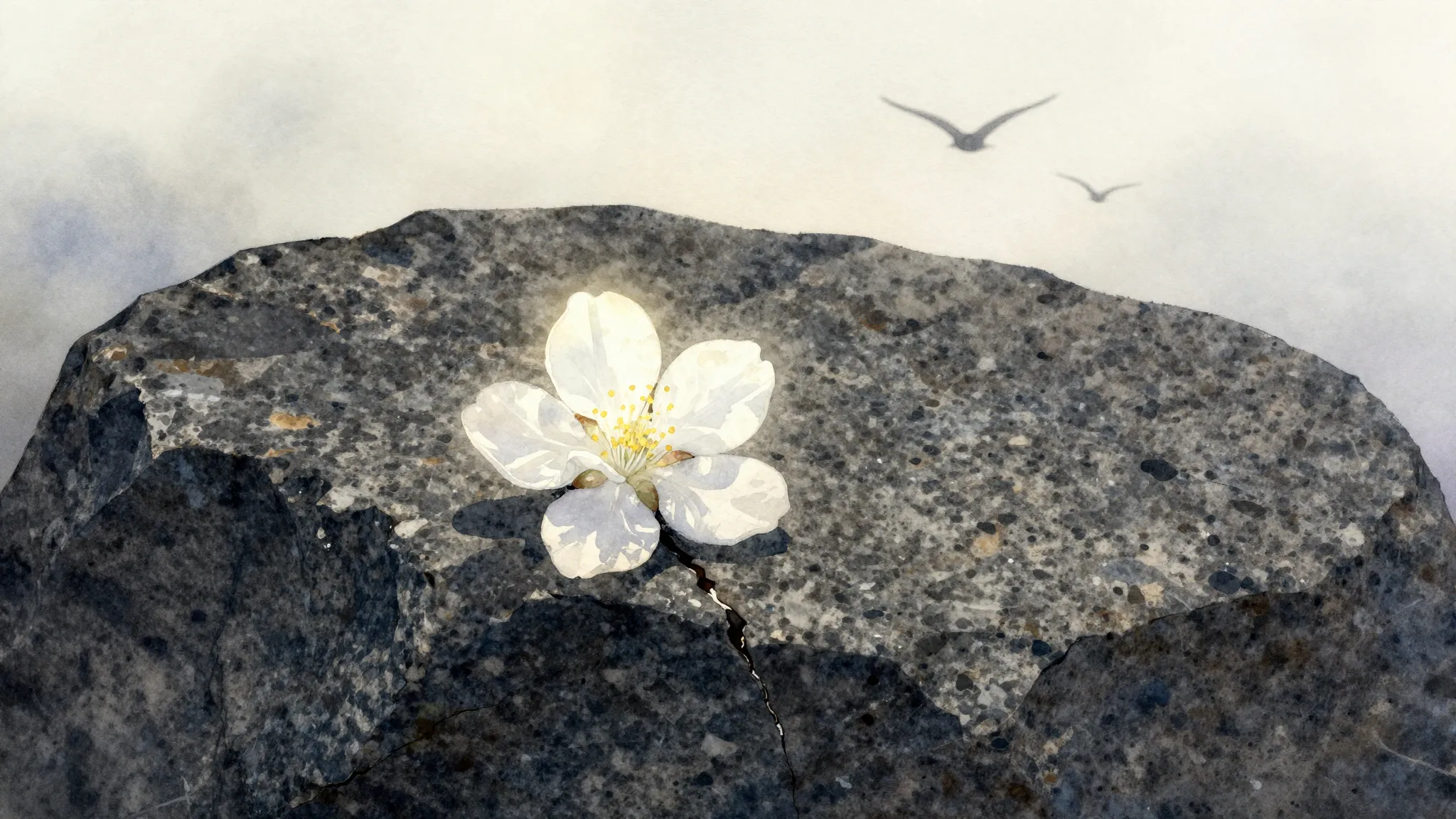 Watercolor style. A dark granite stone with a single glowing...